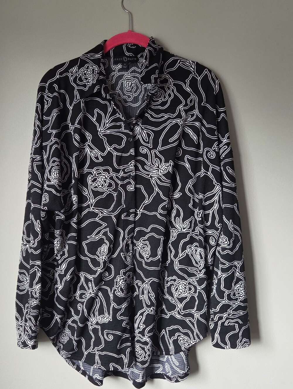 Fred David Black Button-Down Shirt with White Floral Outline
